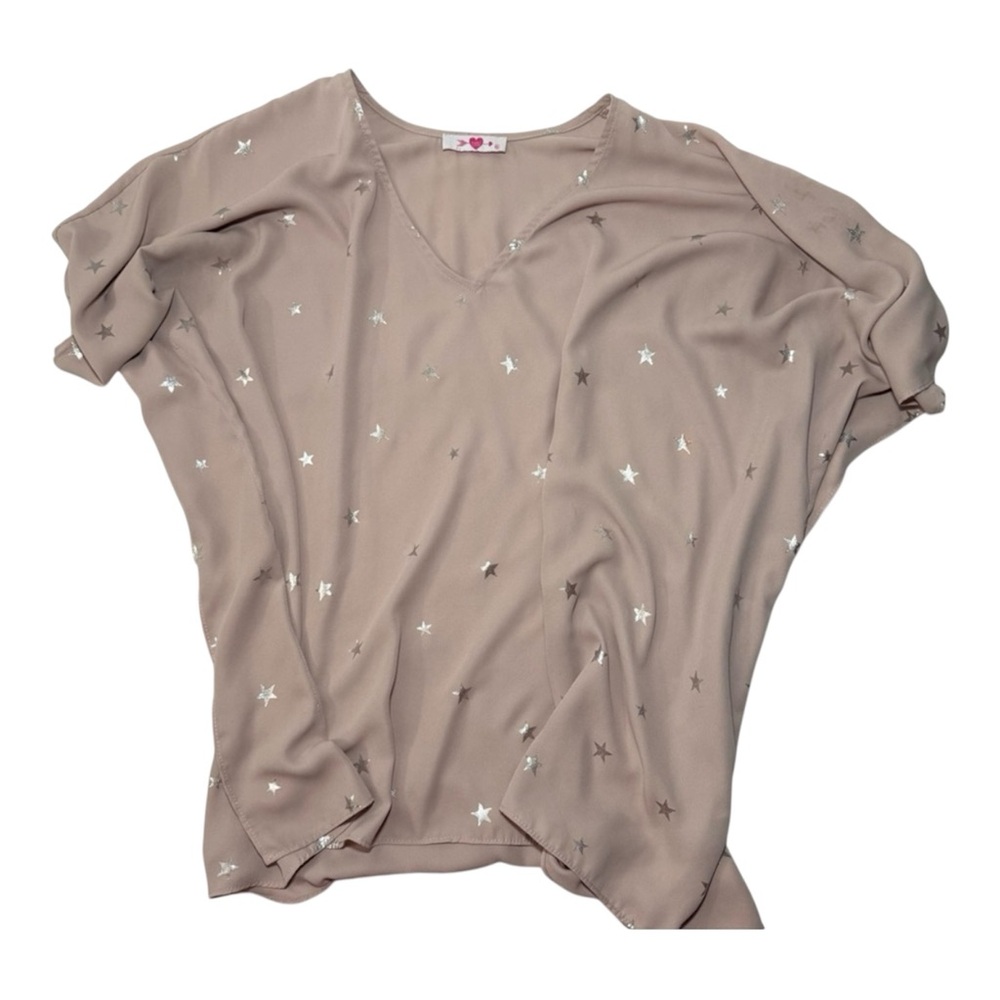 Buddy Love Star Print Blouse Taupe Silver V Neck Flowy Top M L